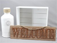 Country Chic Welcome Sign, Painted Wood Box & Vase