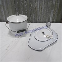 Enamel bed pan and enamel pot with lid