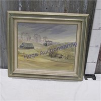 Framed canvas painting of farm site