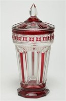 Bohemian Glass Cranberry Cut-to-Clear Lidded Jar