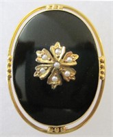 Antique Edwardian 10k Gold Onyx Seed Pearl Pin