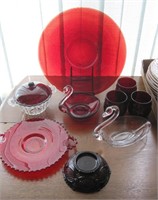 Nine Pieces of Ruby Glass & Swan Dishes