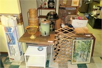 Lot, 3 card tables, shelves, hanging drying rack,