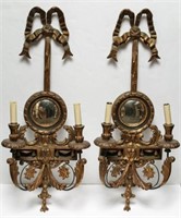 Neoclassical 2-Light Convex Mirror Wall Lamps-Pair