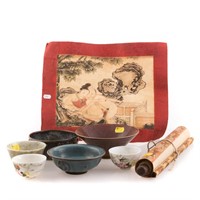Assorted Chinese bowls, scroll, erotica watercolor