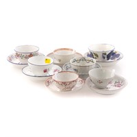 Seven porcelain & soft paste tea bowls & saucers