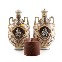 Pair of L. & Cie. faience vases, wood tobacco box
