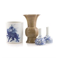 Chinese brush pot, pr. vases, crackle glazed vase