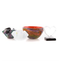 Cased art glass bowl, 2 lobed vases, glass group