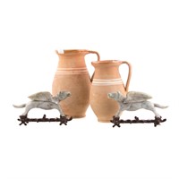 Two hardstone Pagususes; two terracotta pitchers