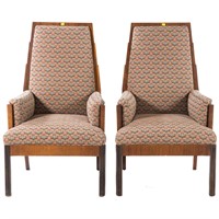 Pr. of contemporary mahogany upholstered armchairs