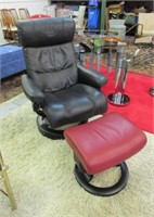 EKORNES BLACK LOUNGE CHAIR WITH RED OTTOMAN