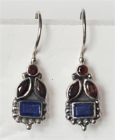 Sterling Silver Lapus Lazuli and Garnet Earrings