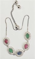 Sterling Silver Ruby, Sapphire, Emerald Bracelet