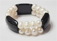 Freshwater Pearl and Onyx Flexible Bracelet
