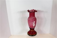Mary Gregory Crimped Ruffle Cranberry Glass Vase