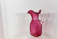 Cranberry Swirl Clear Crimped Handle Pitcher