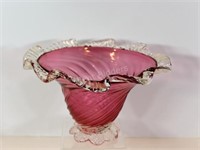 Cranberry Swirl Clear Crimped Rim Art Glass Bowl