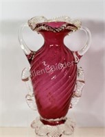 Cranberry Swirl Clear Crimped Rim Art Glass Vase