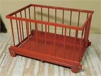 Painted Wooden Collapsible Play Pen on Wheels.