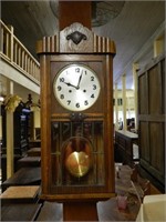 Beveled Leaded Glass Oak Cased Wall Clock.