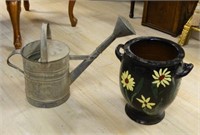 Galvanized Watering Can and Painted Crock.  2 pc.