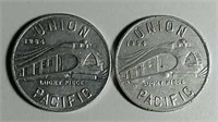 2 1934 Union Pacific Lucky Piece Alum Tokens