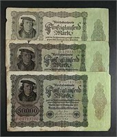 3  1922  50,000 Mark Weimar Republic Notes