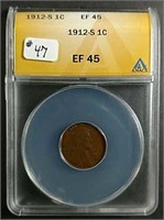 1912-S  Lincoln Cent  ANACS  EF-45