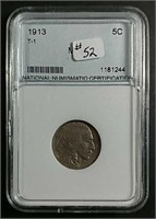 1913  Type I  Buffalo Nickel  Slabbed