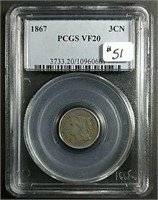 1867  Three Cent Nickel  PCGS  VF-20