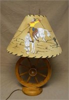 Rodeo Whimsy Hand Painted Wagon Wheel Lamp.