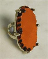 Large Coral Colored Stone Ring Set in Sterling.