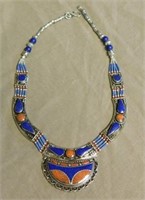 Lapis and Coral Bib Necklace Set in Sterling.