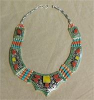 Turquoise and Coral Bib Necklace Set in Sterling.