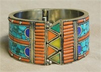 Lapis, Coral and Turquoise Silver Cuff.