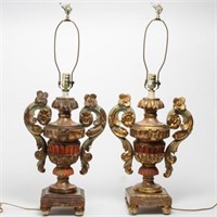 Italianate Painted Carved Wood Table Lamps, Pair
