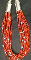 S/S Red Coral & Turquoise12 Strand Necklace
