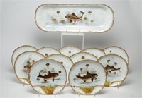 M. Redon Limoges Fish Set, Hand-Painted Porcelain