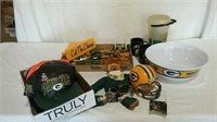 2 boxes Packer hats and collectibles