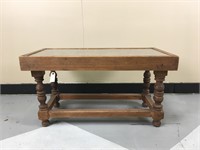 Small teak table with engraved top