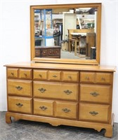 Maple 9-Drawer Long Dresser with Attached Mirror