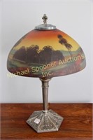 REVERSE PAINTED GLASS TABLE LAMP -SIGNED TO SHADE