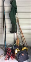 Fishing poles, minnow buckets, skis, waders