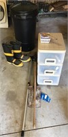 shovel, fireman boots, organizer, cannister