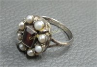 Vintage Ring: Size 7.25, Natural Pearls Garnet,