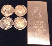 1lb .9995 Copper Bar w/ (4) .999 Copper Rounds