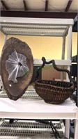 Nice rustic basket, string art on a slab of wood,