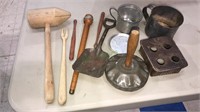 Wood and tin utensils, toy shovel, noisemaker and