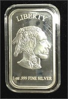 1 Troy Oz .999 Fine Silver Buffalo Liberty Bar